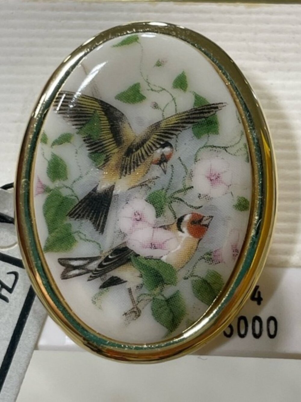 Vintage Hand Painted Alabaster Birds and Flowers Oval Porcelain Brooch